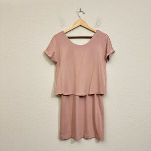 CUYANA Layered Shift Dress Dusty Rose Short Sleeve Knit Cotton Stretch